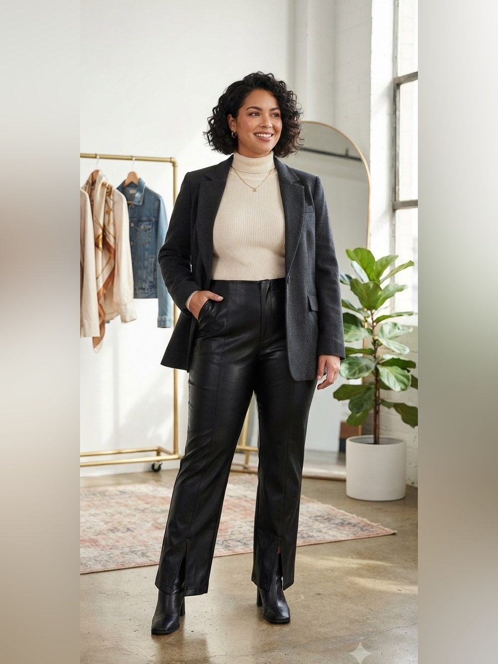 NWT Tinseltown Womens Plus Size 3X Slit-Cuff Flare-Leg Pants Black Pleather